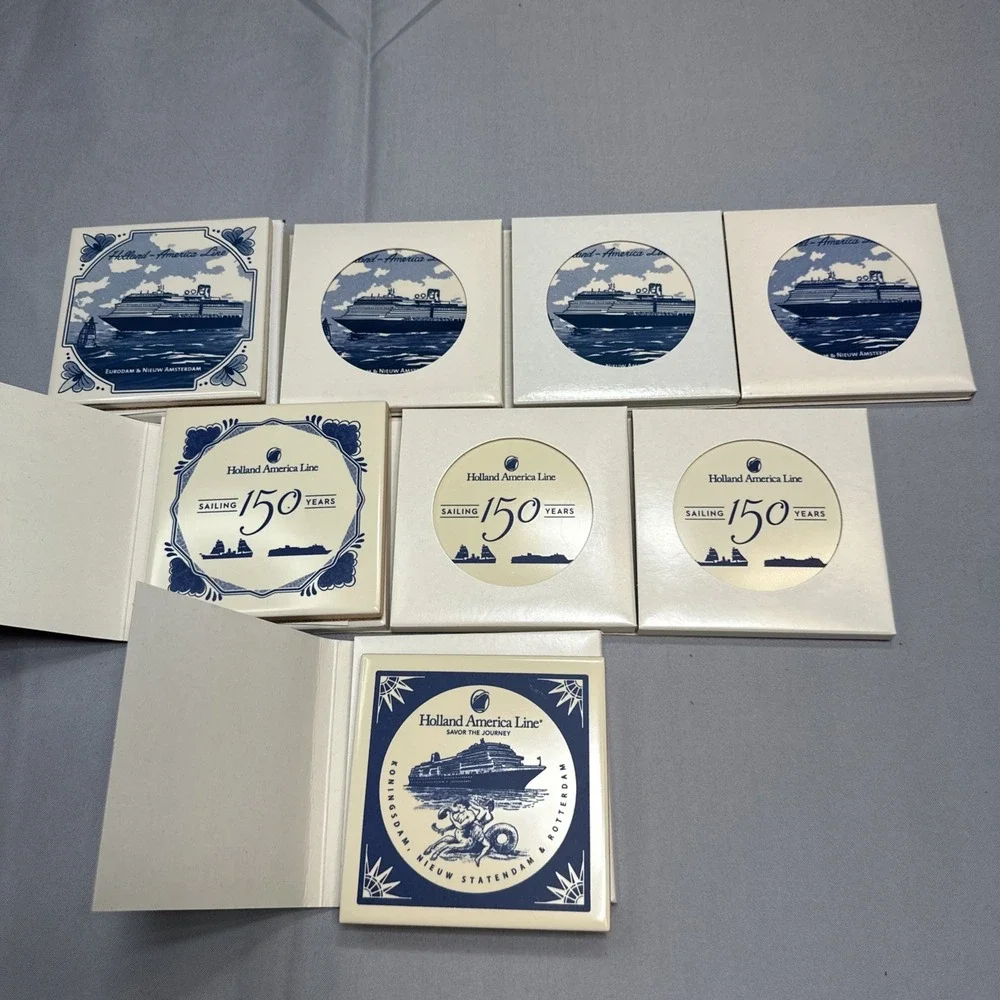Lot of 8 Holland America Line Delft Blue Ceramic Tile Coasters Cork #4